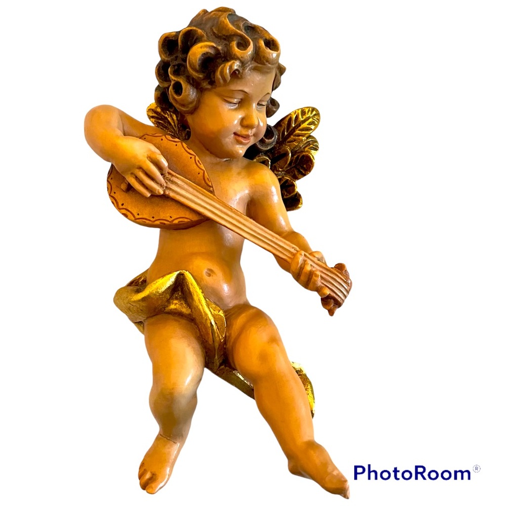 ANRI Beautiful Carved Musician Cherub Angel Playing Guitar Italy Vintage
